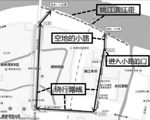 双东路附近小区与滨江休闲带之间隔一堵围墙，去姚江边散步要绕远2公里