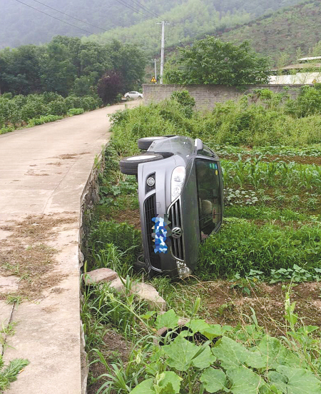 新手车技不过关村道倒车掉农田