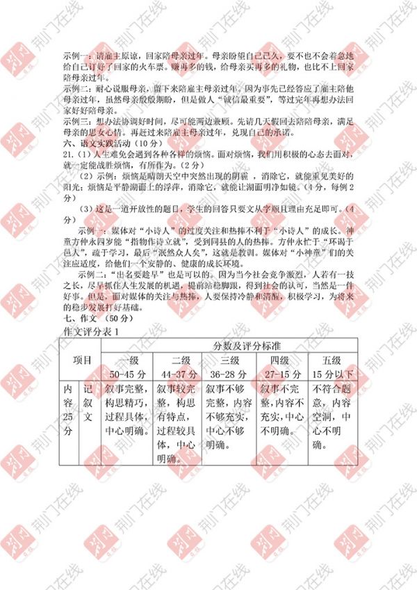 2017年荆门中考试卷及答案新鲜出炉 考生可估分